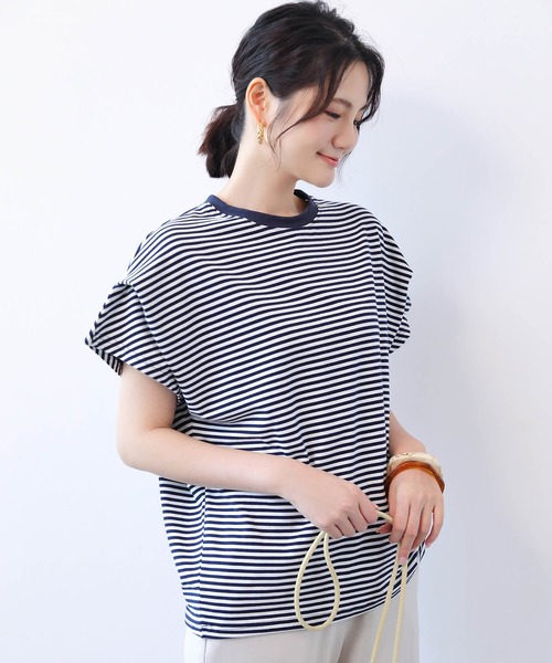 Cinderella(シンデレラ)の「トップス Tシャツ レディース ボーダー 袖あり 半袖 ゆったり Uネック レディース トップス カットソー 半袖 コットン UVカット 大きいサイズ ゆったり 春夏 体型カバー 夏 半袖 ティーシャツ Tシャツ レディース(Tシャツ/カットソー・レディース・ブルー系その他/ブラック系その他/グレー系その他/ベージュ系その他/ホワイト/ブラック・MEDIUM)」の7枚目の写真