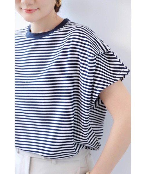 トップス Tシャツ シャツ カットソー 白シャツ トップス 袖あり 半袖 ボリューム袖 Uネック ラウンドネック 襟なし フレア ワイド かわいい 大人可愛い きれいめ セール】トップス Tシャツ レディース ボーダー 袖あり 半袖