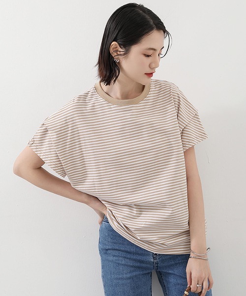 Cinderella(シンデレラ)の「トップス Tシャツ レディース ボーダー 袖あり 半袖 ゆったり Uネック レディース トップス カットソー 半袖 コットン UVカット 大きいサイズ ゆったり 春夏 体型カバー 夏 半袖 ティーシャツ Tシャツ レディース(Tシャツ/カットソー・レディース・ブルー系その他/ブラック系その他/グレー系その他/ベージュ系その他/ホワイト/ブラック・MEDIUM)」の12枚目の写真