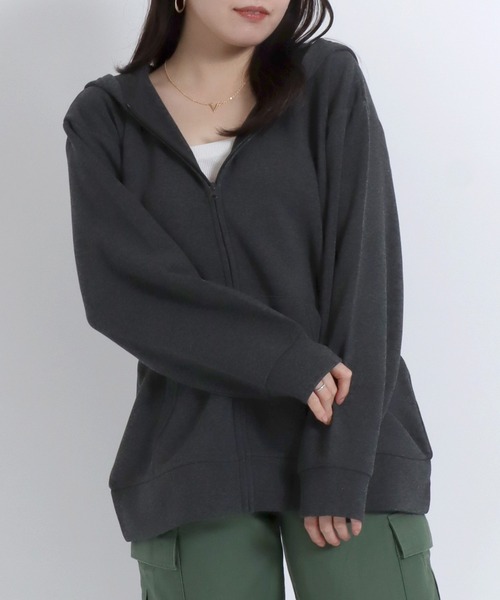 Salong hameu(サロン ハミュー)の「裏起毛 ビッグシルエット ジップパーカー レディース/スウェットパーカー 無地 フーディー(パーカー・レディース・ブラック/ホワイト系その他/カーキ/ダークグレー・M/L)」の3枚目の写真