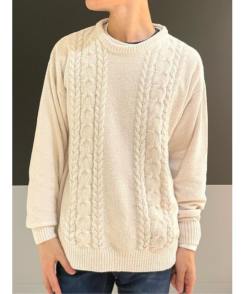 Right-on（ライトオン）の「ケーブル編みニットレイヤード（ニット/セーター・メンズ・オフホワイト/イエロー/ダークグレー・M/L/XL）」の2枚目の写真