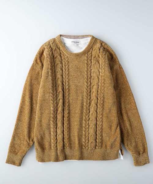 Right-on（ライトオン）の「ケーブル編みニットレイヤード（ニット/セーター・メンズ・オフホワイト/イエロー/ダークグレー・M/L/XL）」の6枚目の写真