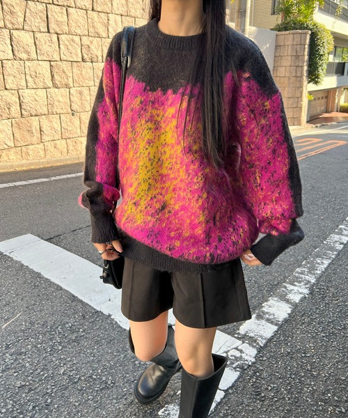 Jewelobe(ジュエローブ)の「モヘアタッチグラデーションモザイクジャガードニット(ニット/セーター・レディース・ピンク/グレー・FREE)」の3枚目の写真