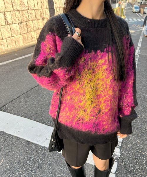 ジュエローブ Jewelobe モヘアタッチグラデーションモザイクージャガードニット （グレー） ジュエローブ Jewelobe モヘアタッチグラデーションモザイクー