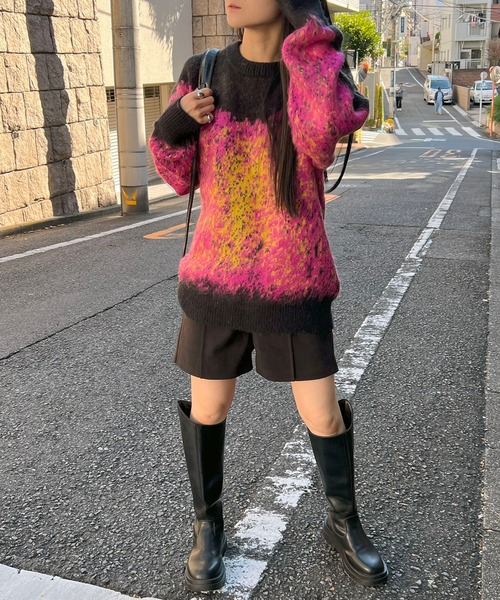 ジュエローブ Jewelobe モヘアタッチグラデーションモザイクージャガードニット （グレー） ジュエローブ Jewelobe モヘアタッチグラデーションモザイクー