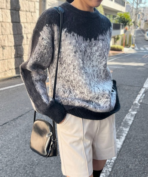 セール】モヘアタッチグラデーションモザイクジャガードニット