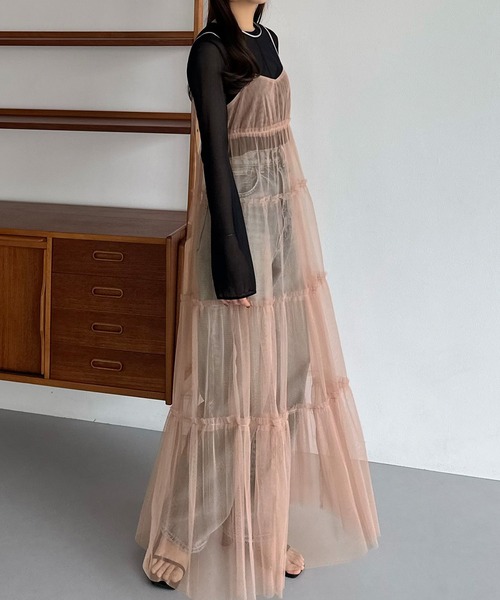 callautia（カラウティア）の「チュールフリルティアードキャミワンピース（ワンピース・レディース・サーモンピンク/アイボリー/ブラック・LARGE/MEDIUM/SMALL）」の14枚目の写真