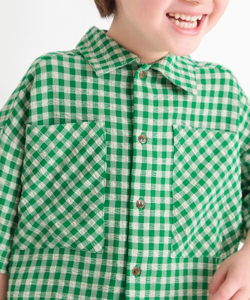BRANSHES（ブランシェス）の「【お揃い】ギンガムチェック柄半袖シャツ（シャツ/ブラウス・キッズ・ネイビー/グリーン・90/100/110/120/130/140/150）」の8枚目の写真
