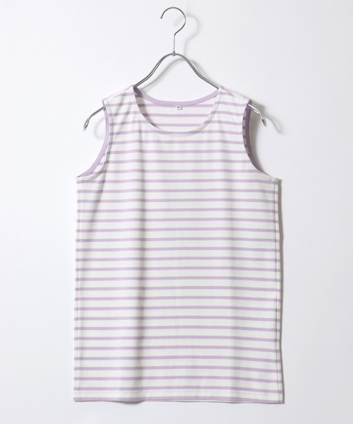 Salong hameu(サロン ハミュー)の「スムースコットン クルーネック タンクトップ/無地 ボーダー柄/ノースリーブTシャツ レディース(タンクトップ・レディース・ピンク/ブラック×ホワイト/パープル系その他/モカ/ネイビー/カーキ/ブラック/オフホワイト/ピンク系その他/ブルーグリーン/ライラック/ブルー系その他・M/L)」の9枚目の写真