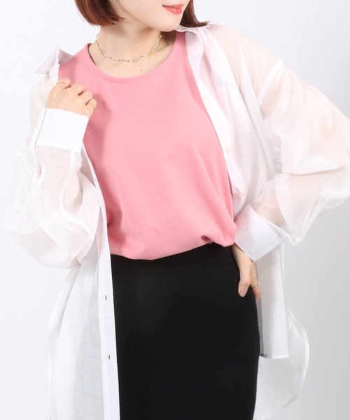 Salong hameu(サロン ハミュー)の「スムースコットン クルーネック タンクトップ/無地 ボーダー柄/ノースリーブTシャツ レディース(タンクトップ・レディース・ピンク/ブラック×ホワイト/パープル系その他/モカ/ネイビー/カーキ/ブラック/オフホワイト/ピンク系その他/ブルーグリーン/ライラック/ブルー系その他・M/L)」の12枚目の写真
