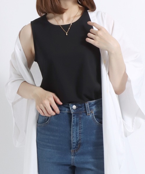 Salong hameu(サロン ハミュー)の「スムースコットン クルーネック タンクトップ/無地 ボーダー柄/ノースリーブTシャツ レディース(タンクトップ・レディース・ピンク/ブラック×ホワイト/パープル系その他/モカ/ネイビー/カーキ/ブラック/オフホワイト/ピンク系その他/ブルーグリーン/ライラック/ブルー系その他・M/L)」の19枚目の写真