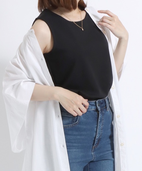Salong hameu(サロン ハミュー)の「スムースコットン クルーネック タンクトップ/無地 ボーダー柄/ノースリーブTシャツ レディース(タンクトップ・レディース・ピンク/ブラック×ホワイト/パープル系その他/モカ/ネイビー/カーキ/ブラック/オフホワイト/ピンク系その他/ブルーグリーン/ライラック/ブルー系その他・M/L)」の20枚目の写真