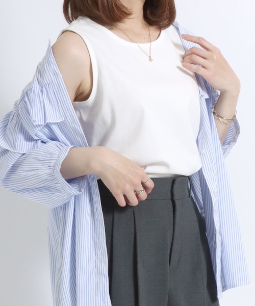 Salong hameu(サロン ハミュー)の「スムースコットン クルーネック タンクトップ/無地 ボーダー柄/ノースリーブTシャツ レディース(タンクトップ・レディース・ピンク/ブラック×ホワイト/パープル系その他/モカ/ネイビー/カーキ/ブラック/オフホワイト/ピンク系その他/ブルーグリーン/ライラック/ブルー系その他・M/L)」の15枚目の写真