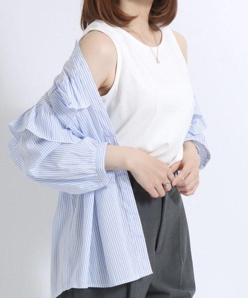 Salong hameu(サロン ハミュー)の「スムースコットン クルーネック タンクトップ/無地 ボーダー柄/ノースリーブTシャツ レディース(タンクトップ・レディース・ピンク/ブラック×ホワイト/パープル系その他/モカ/ネイビー/カーキ/ブラック/オフホワイト/ピンク系その他/ブルーグリーン/ライラック/ブルー系その他・M/L)」の14枚目の写真