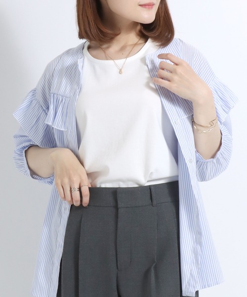 Salong hameu(サロン ハミュー)の「スムースコットン クルーネック タンクトップ/無地 ボーダー柄/ノースリーブTシャツ レディース(タンクトップ・レディース・ピンク/ブラック×ホワイト/パープル系その他/モカ/ネイビー/カーキ/ブラック/オフホワイト/ピンク系その他/ブルーグリーン/ライラック/ブルー系その他・M/L)」の13枚目の写真