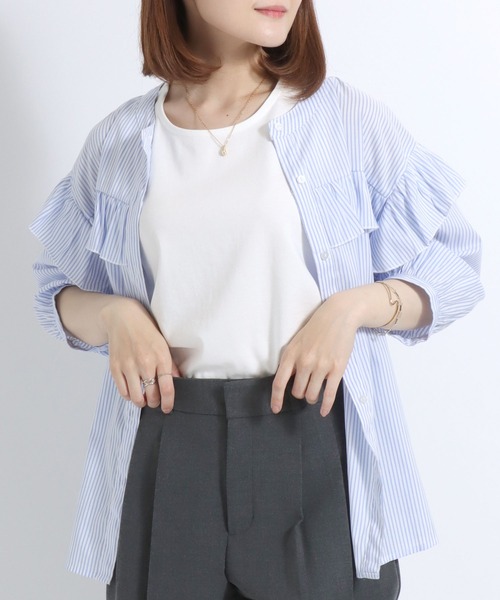 Salong hameu(サロン ハミュー)の「スムースコットン クルーネック タンクトップ/無地 ボーダー柄/ノースリーブTシャツ レディース(タンクトップ・レディース・ピンク/ブラック×ホワイト/パープル系その他/モカ/ネイビー/カーキ/ブラック/オフホワイト/ピンク系その他/ブルーグリーン/ライラック/ブルー系その他・M/L)」の16枚目の写真