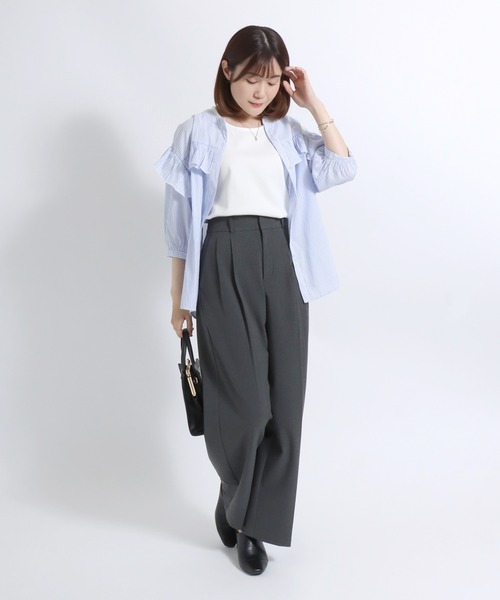 Salong hameu(サロン ハミュー)の「スムースコットン クルーネック タンクトップ/無地 ボーダー柄/ノースリーブTシャツ レディース(タンクトップ・レディース・ピンク/ブラック×ホワイト/パープル系その他/モカ/ネイビー/カーキ/ブラック/オフホワイト/ピンク系その他/ブルーグリーン/ライラック/ブルー系その他・M/L)」の18枚目の写真