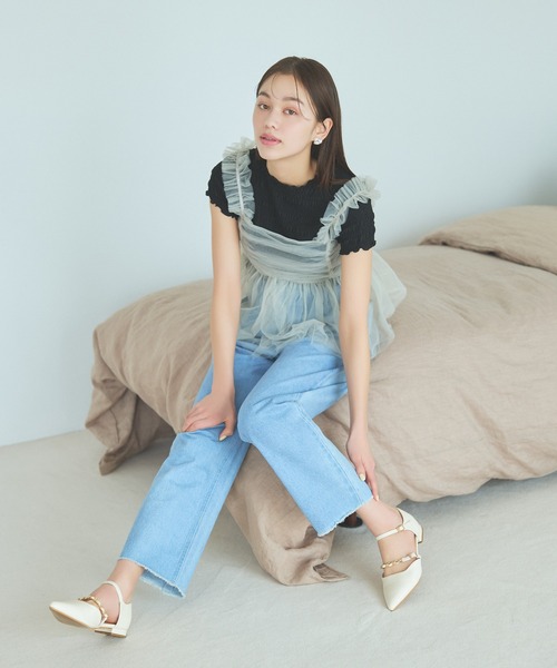 mysty woman（ミスティウーマン）の「ギャザーチュールキャミソール　114944（キャミソール・レディース・ブルー/アイボリー/グレイッシュベージュ・FREE）」の6枚目の写真