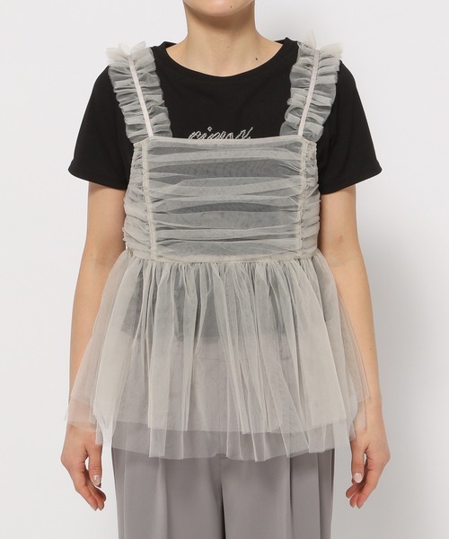 mysty woman（ミスティウーマン）の「ギャザーチュールキャミソール　114944（キャミソール・レディース・ブルー/アイボリー/グレイッシュベージュ・FREE）」の10枚目の写真