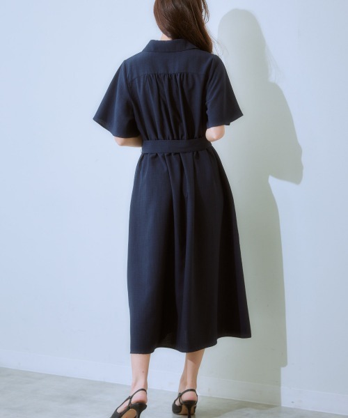 【送料込】半袖 カットアウト ミディ丈 フレア ワンピース 麻調合繊ミディ丈フレアワンピース（しわになりにくい・接触冷感