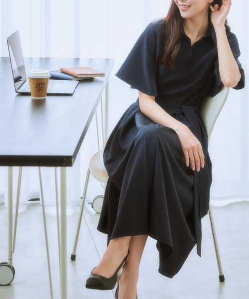 麻調合繊ミディ丈フレアワンピース（しわになりにくい・接触冷感