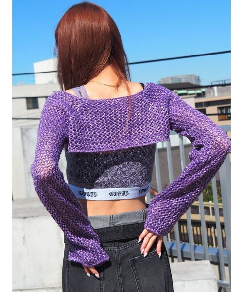 EVRIS（エヴリス）の「ラメメッシュショートニットトップス（ニット/セーター・レディース・ホワイト/ブラック/パープル・FREE）」の3枚目の写真