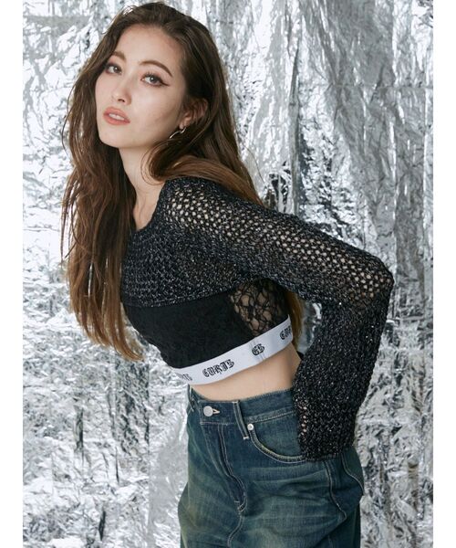EVRIS（エヴリス）の「ラメメッシュショートニットトップス（ニット/セーター・レディース・ホワイト/ブラック/パープル・FREE）」の9枚目の写真