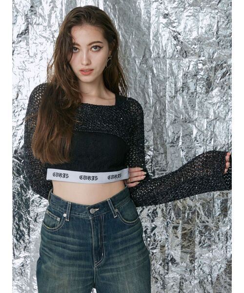 EVRIS（エヴリス）の「ラメメッシュショートニットトップス（ニット/セーター・レディース・ホワイト/ブラック/パープル・FREE）」の8枚目の写真