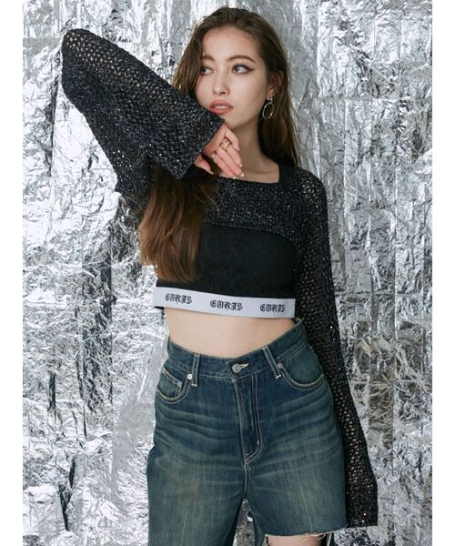 EVRIS（エヴリス）の「ラメメッシュショートニットトップス（ニット/セーター・レディース・ホワイト/ブラック/パープル・FREE）」の7枚目の写真