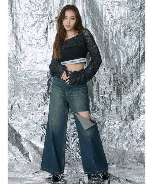 EVRIS（エヴリス）の「ラメメッシュショートニットトップス（ニット/セーター・レディース・ホワイト/ブラック/パープル・FREE）」の6枚目の写真