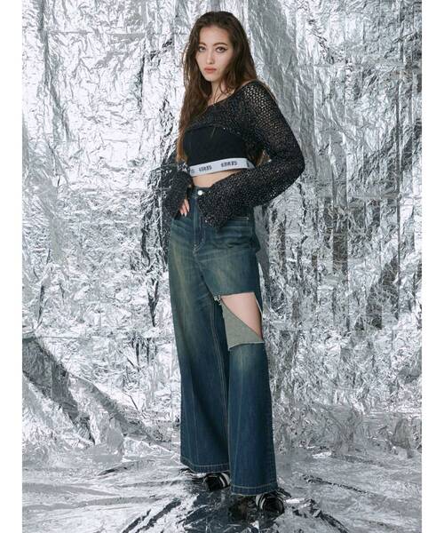 EVRIS（エヴリス）の「ラメメッシュショートニットトップス（ニット/セーター・レディース・ホワイト/ブラック/パープル・FREE）」の5枚目の写真