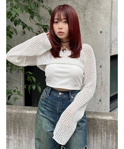 EVRIS（エヴリス）の「ラメメッシュショートニットトップス（ニット/セーター・レディース・ホワイト/ブラック/パープル・FREE）」の20枚目の写真