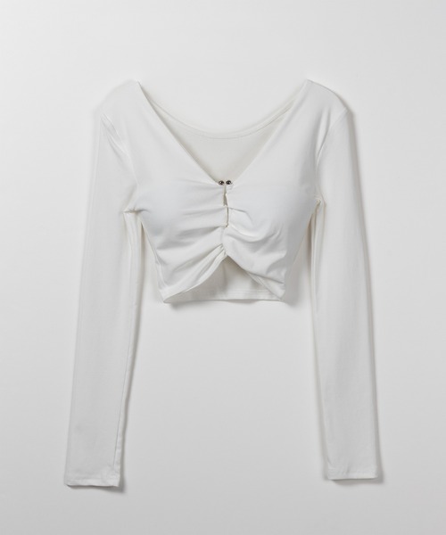 me+em select(ミームセレクト)の「※※【 カップ付き 】メタルパーツカットアウト長袖ショートトップス(Tシャツ/カットソー・レディース・ホワイト/ブラック・FREE)」の21枚目の写真