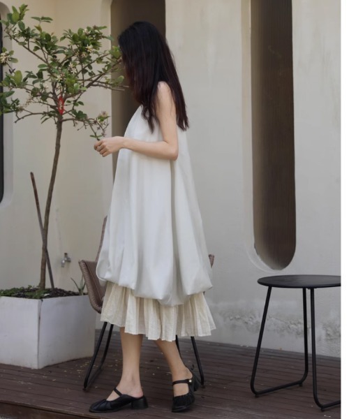 【美品】プリーツプリーズ タグ付き ２重 レイヤード バルーン ワンピース 3 結婚式・パーティードレス】フロントレースダブルプリーツ