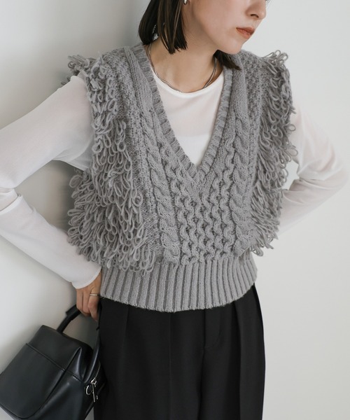 select MOCA（セレクトモカ）の「フリンジケーブルニットベスト（ベスト・レディース・ヘザーグレー/ブラック/アイボリー/グレイッシュベージュ・FREE）」の22枚目の写真