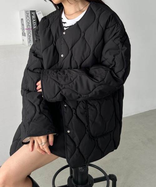 CLEA(クレア)の「袖ボアキルティングノーカラーコート(ノーカラーコート・レディース・ブラック/アイボリー・FREE)」の20枚目の写真