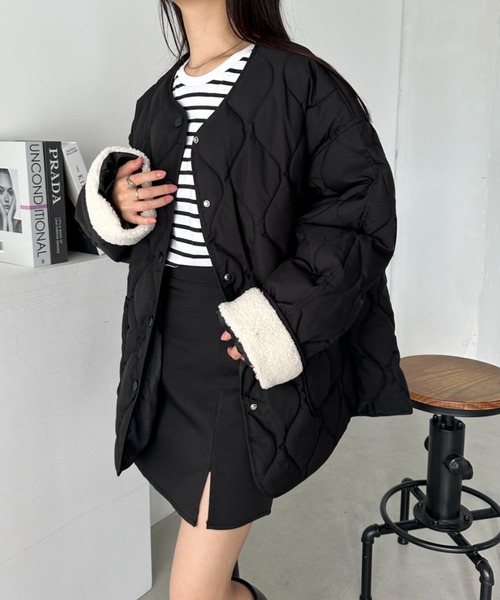 CLEA(クレア)の「袖ボアキルティングノーカラーコート(ノーカラーコート・レディース・ブラック/アイボリー・FREE)」の13枚目の写真