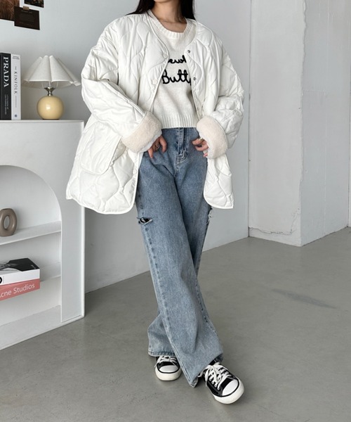 CLEA(クレア)の「袖ボアキルティングノーカラーコート(ノーカラーコート・レディース・ブラック/アイボリー・FREE)」の5枚目の写真