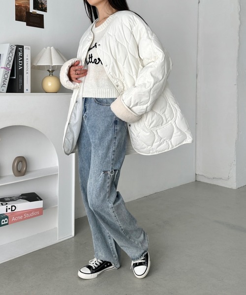 CLEA(クレア)の「袖ボアキルティングノーカラーコート(ノーカラーコート・レディース・ブラック/アイボリー・FREE)」の6枚目の写真