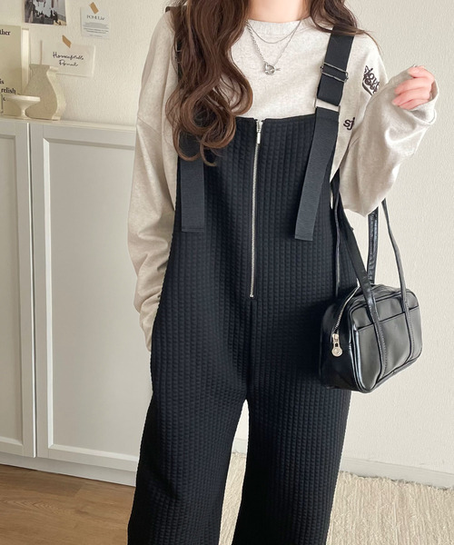 セール】ふくれジャガードフロントジップサロペットパンツ（サロペット