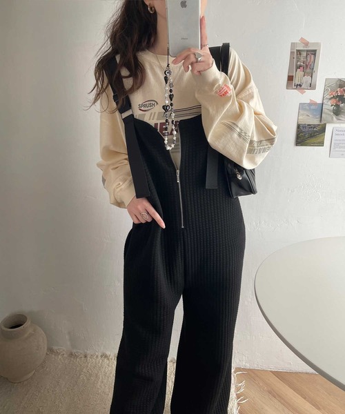 classicalelf（クラシカルエルフ）の「ふくれジャガードフロントジップサロペットパンツ（サロペット/オーバーオール・レディース・モカ/ブラック・LARGE/MEDIUM/SMALL/X-LARGE）」の14枚目の写真