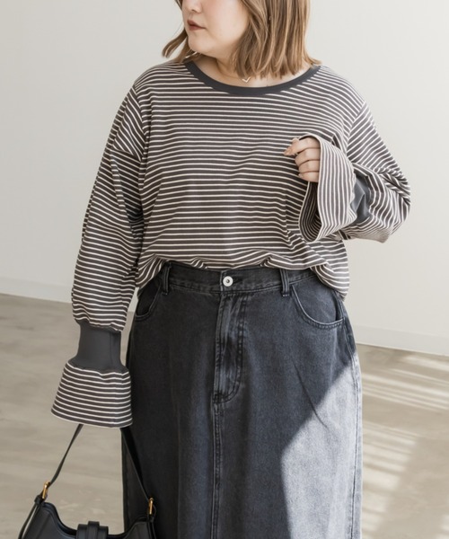 CLETTE（クレット）の「リブ切替ボーダープルオーバー（Tシャツ/カットソー・レディース・アイボリー/チャコール・LL/3L/4L）」の2枚目の写真