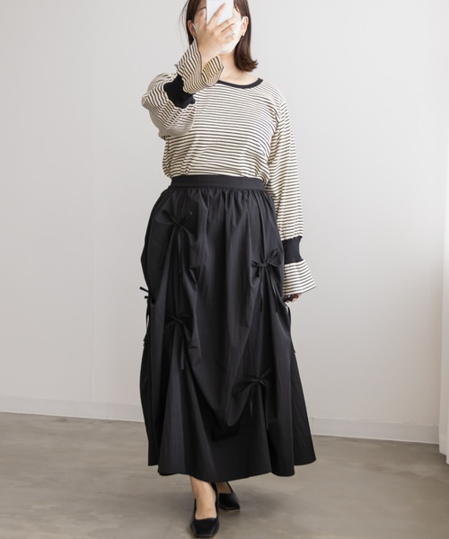 CLETTE（クレット）の「リブ切替ボーダープルオーバー（Tシャツ/カットソー・レディース・アイボリー/チャコール・LL/3L/4L）」の4枚目の写真