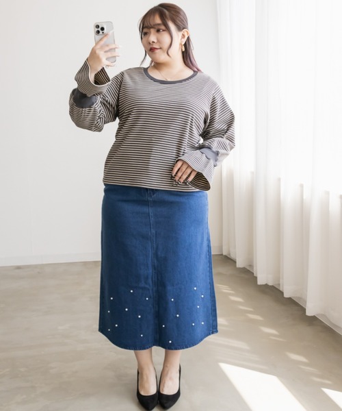 CLETTE（クレット）の「リブ切替ボーダープルオーバー（Tシャツ/カットソー・レディース・アイボリー/チャコール・LL/3L/4L）」の3枚目の写真