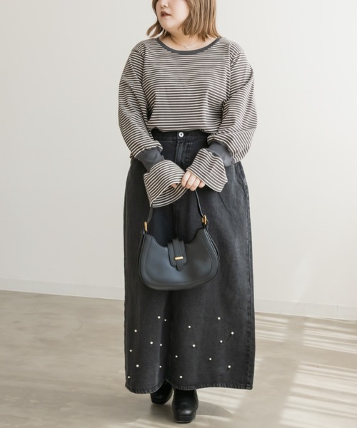 CLETTE（クレット）の「リブ切替ボーダープルオーバー（Tシャツ/カットソー・レディース・アイボリー/チャコール・LL/3L/4L）」の13枚目の写真