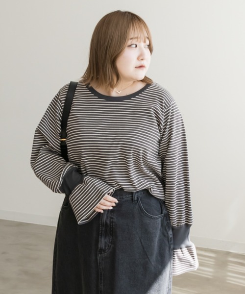 CLETTE（クレット）の「リブ切替ボーダープルオーバー（Tシャツ/カットソー・レディース・アイボリー/チャコール・LL/3L/4L）」の12枚目の写真