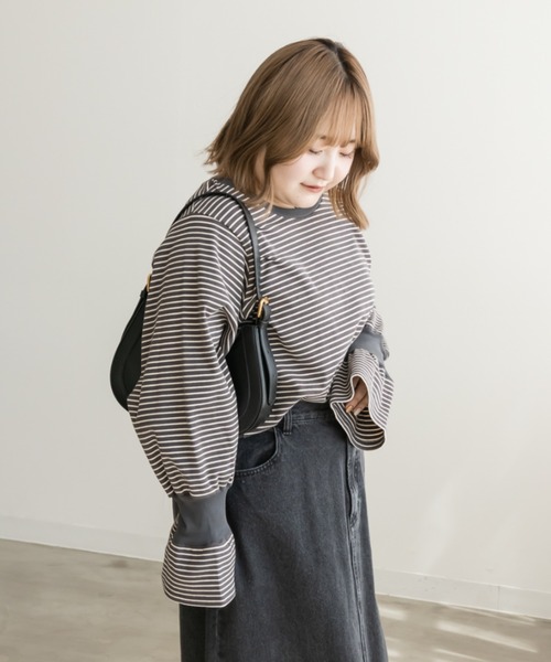 CLETTE（クレット）の「リブ切替ボーダープルオーバー（Tシャツ/カットソー・レディース・アイボリー/チャコール・LL/3L/4L）」の11枚目の写真