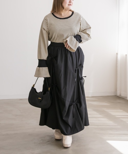 CLETTE（クレット）の「リブ切替ボーダープルオーバー（Tシャツ/カットソー・レディース・アイボリー/チャコール・LL/3L/4L）」の6枚目の写真