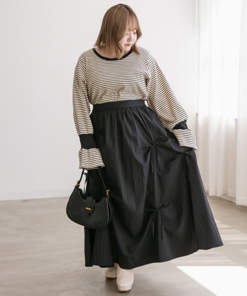 CLETTE（クレット）の「リブ切替ボーダープルオーバー（Tシャツ/カットソー・レディース・アイボリー/チャコール・LL/3L/4L）」の7枚目の写真