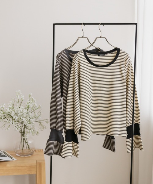 CLETTE（クレット）の「リブ切替ボーダープルオーバー（Tシャツ/カットソー・レディース・アイボリー/チャコール・LL/3L/4L）」の10枚目の写真
